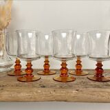 6 vintage amber stemmed glasses