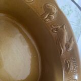 Old Oval Enameled Stoneware Dish with Wild Boar and Mushroom Hunting Motif
