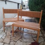 2 wooden and straw benches