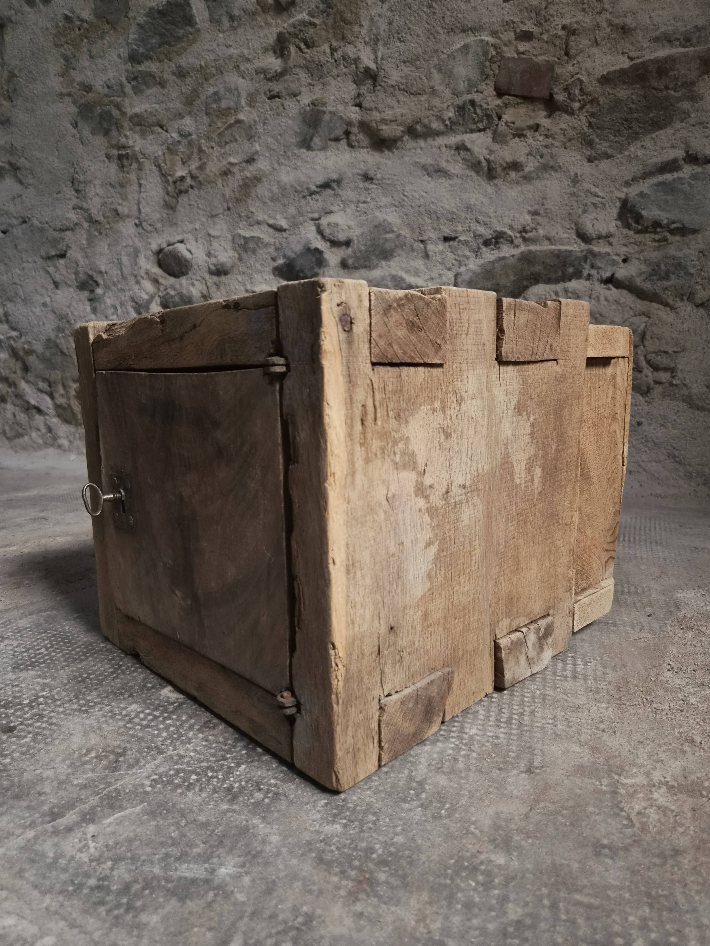 French antique oak safe, lockable rustic chest, circa 1750–1850.