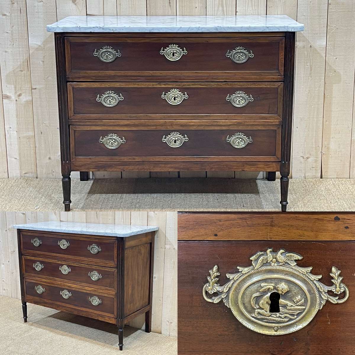 Louis XVI XIXth chest of drawers in mahogany and walnut and white marble top