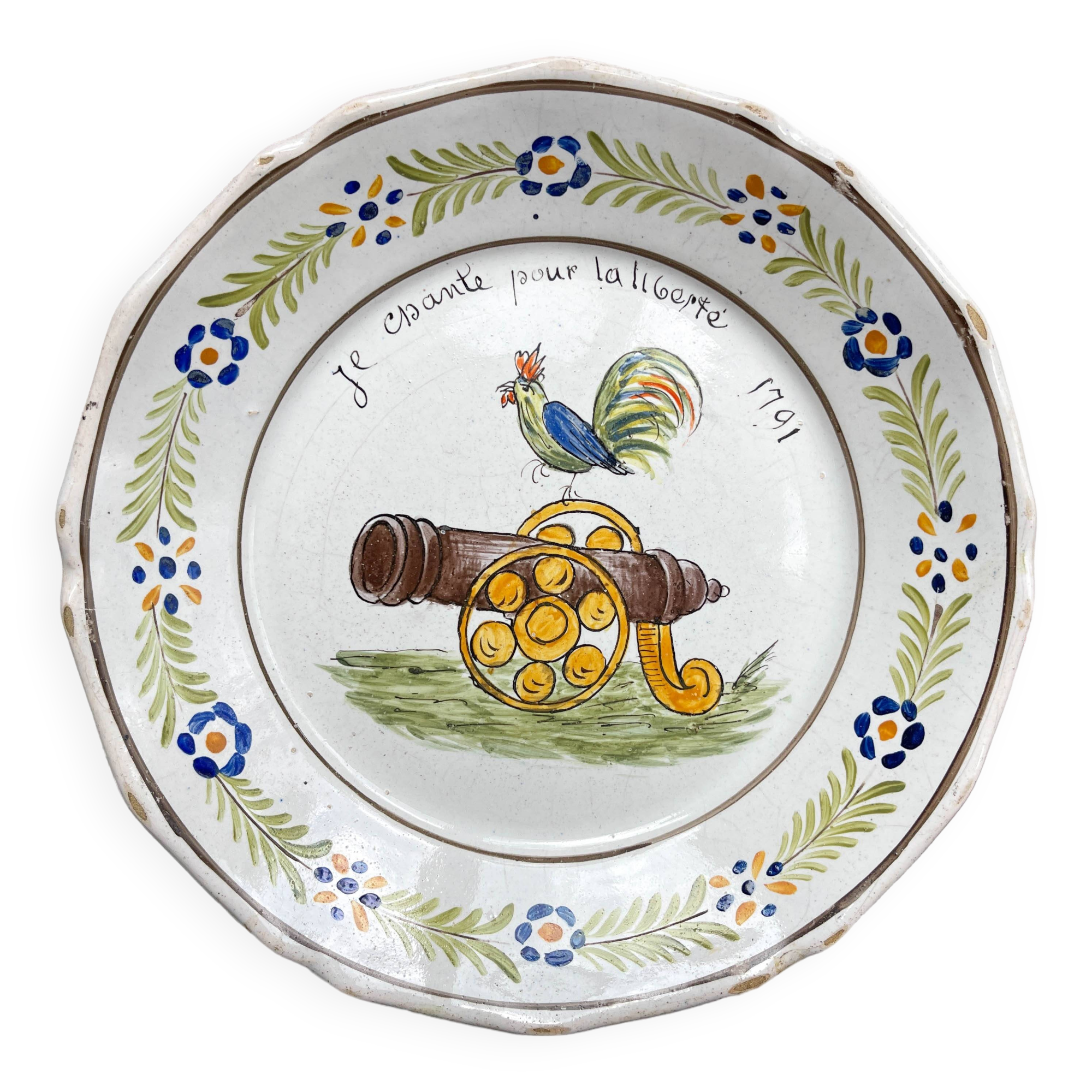 Ancienne assiette Faïence Française Coq révolutionnaire "Je chante pour la liberté 1791" Nevers XIXè
