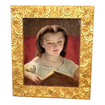 Tableau ancien huile portrait de fille au livre attribué à Albert BESNARD (1849-1934)