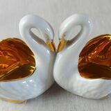 Old porcelain saleron, swan shape, gilded decoration, France porcelain