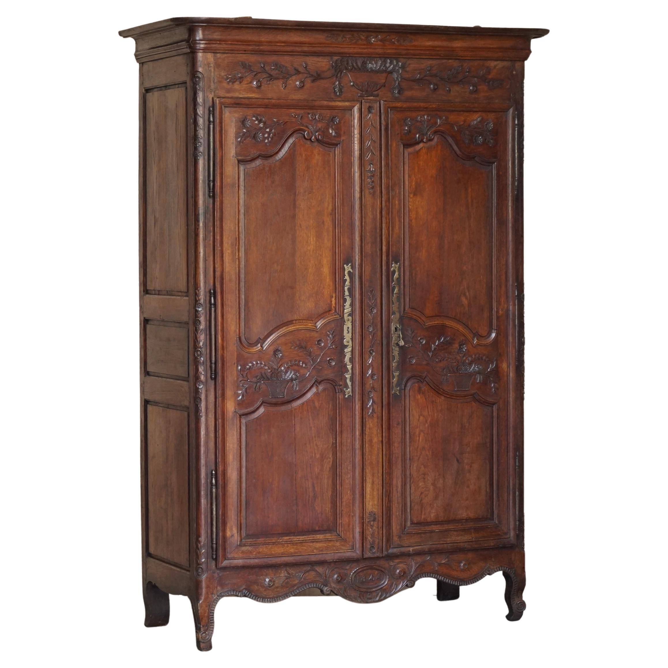Antique Carved Wardrobe Dated 1844 with Shaped Panels