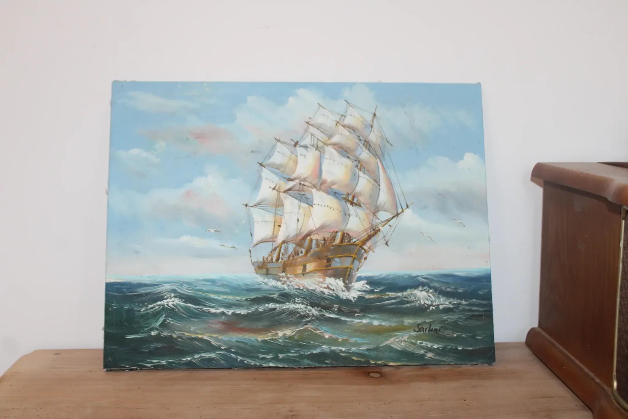 Marine painting on canvas signed "Sartini" – Large sailing ship at sea – 40 × 30 cm
