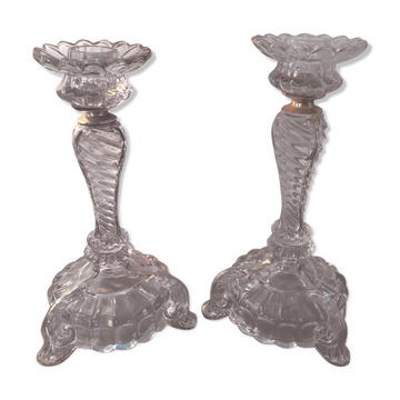Paire de bougeoirs en verre et dorure