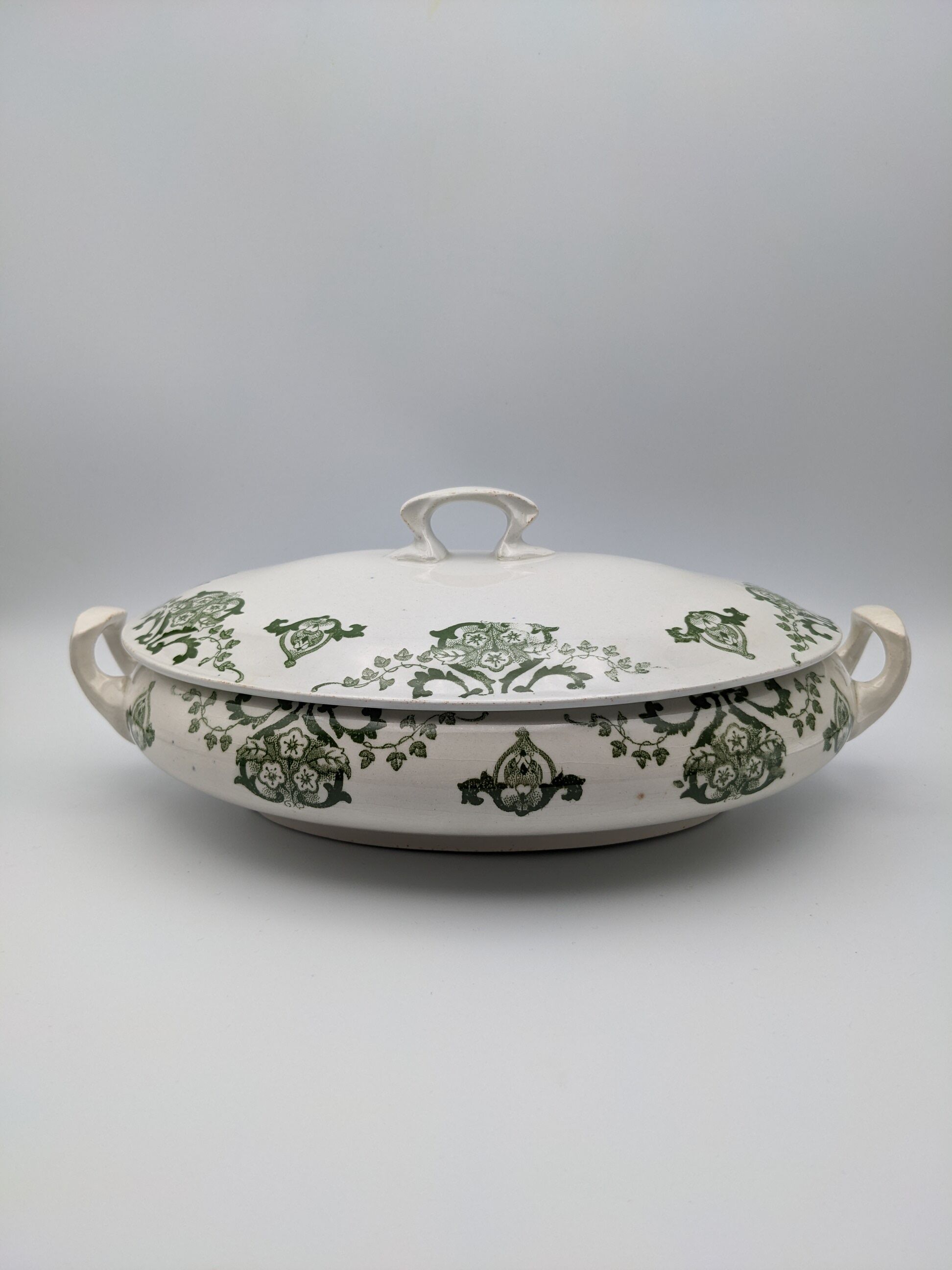 vegetable serving dish tureen earthenware English floral green decoration
