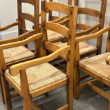 Set of 5 large French oak dining armchairs with rush seats, 1970s