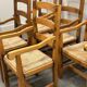 Ensemble de 5 grands fauteuils de salle à manger en chêne français avec assises en jonc, années 1970