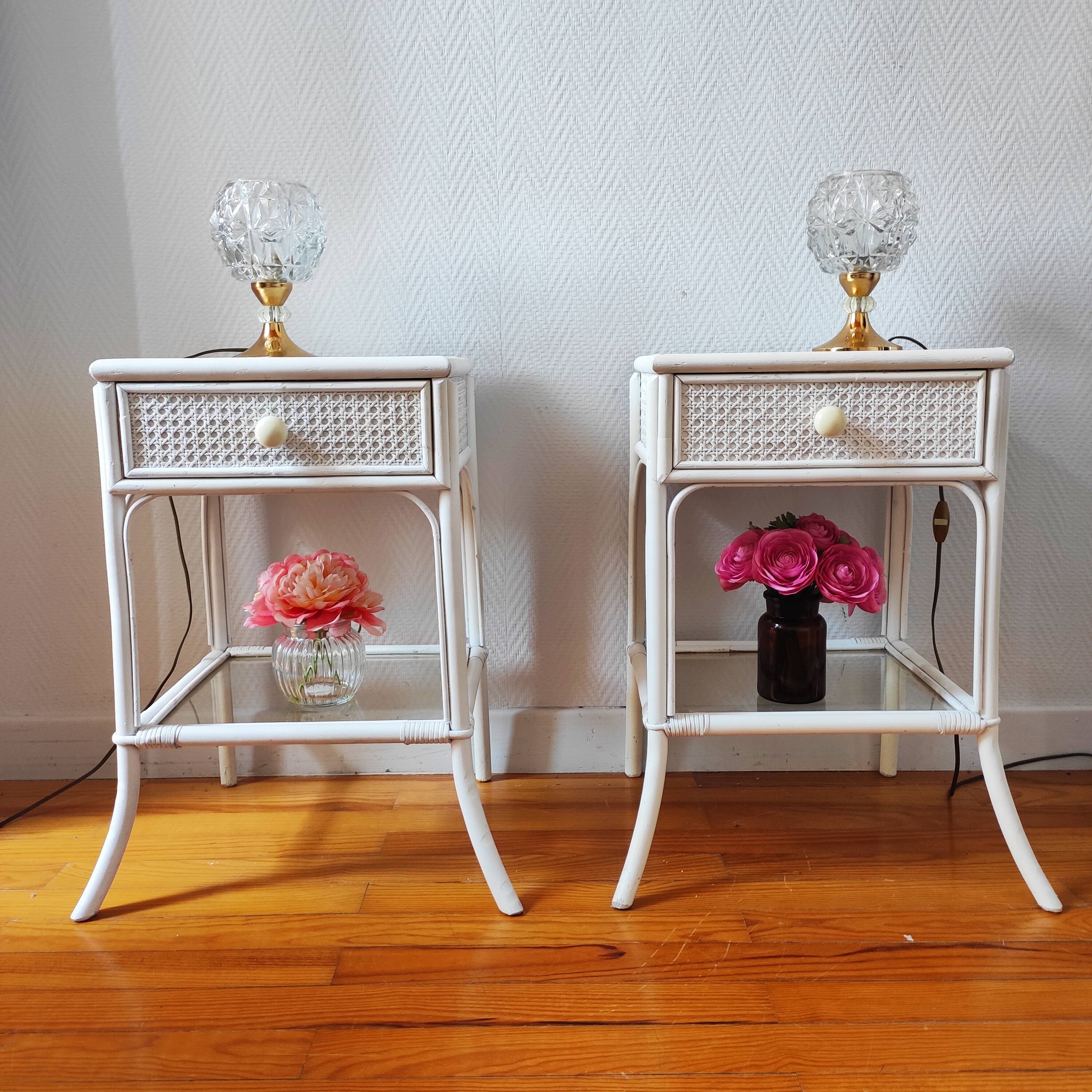 Pair of vintage 1970s rattan bedside tables