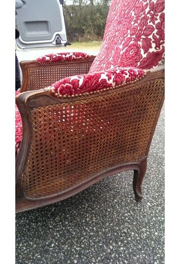 Shepherdess of style Louis XV with caned armrests fabric damask Red