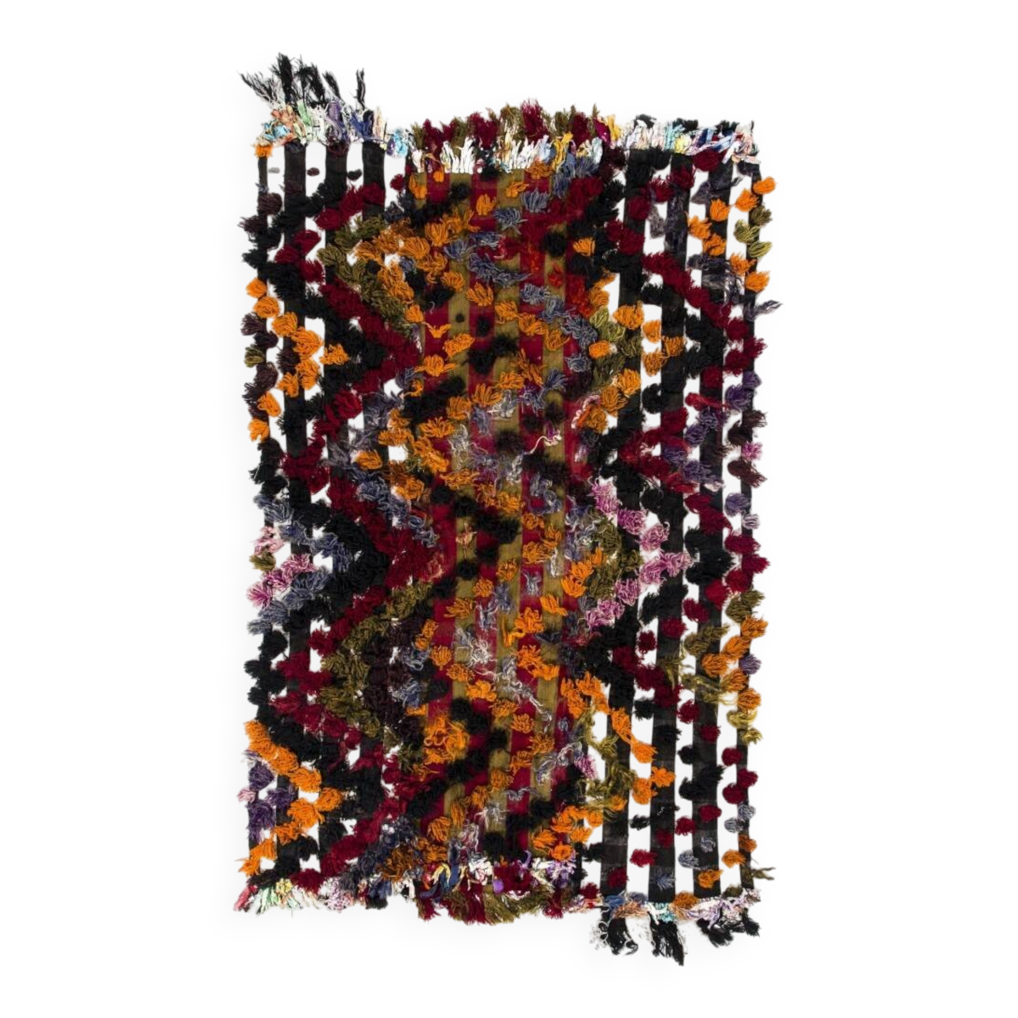 Vintage Turkish Kilim Rug with Wool Pom Poms, Floor Cover and Wall Hanging