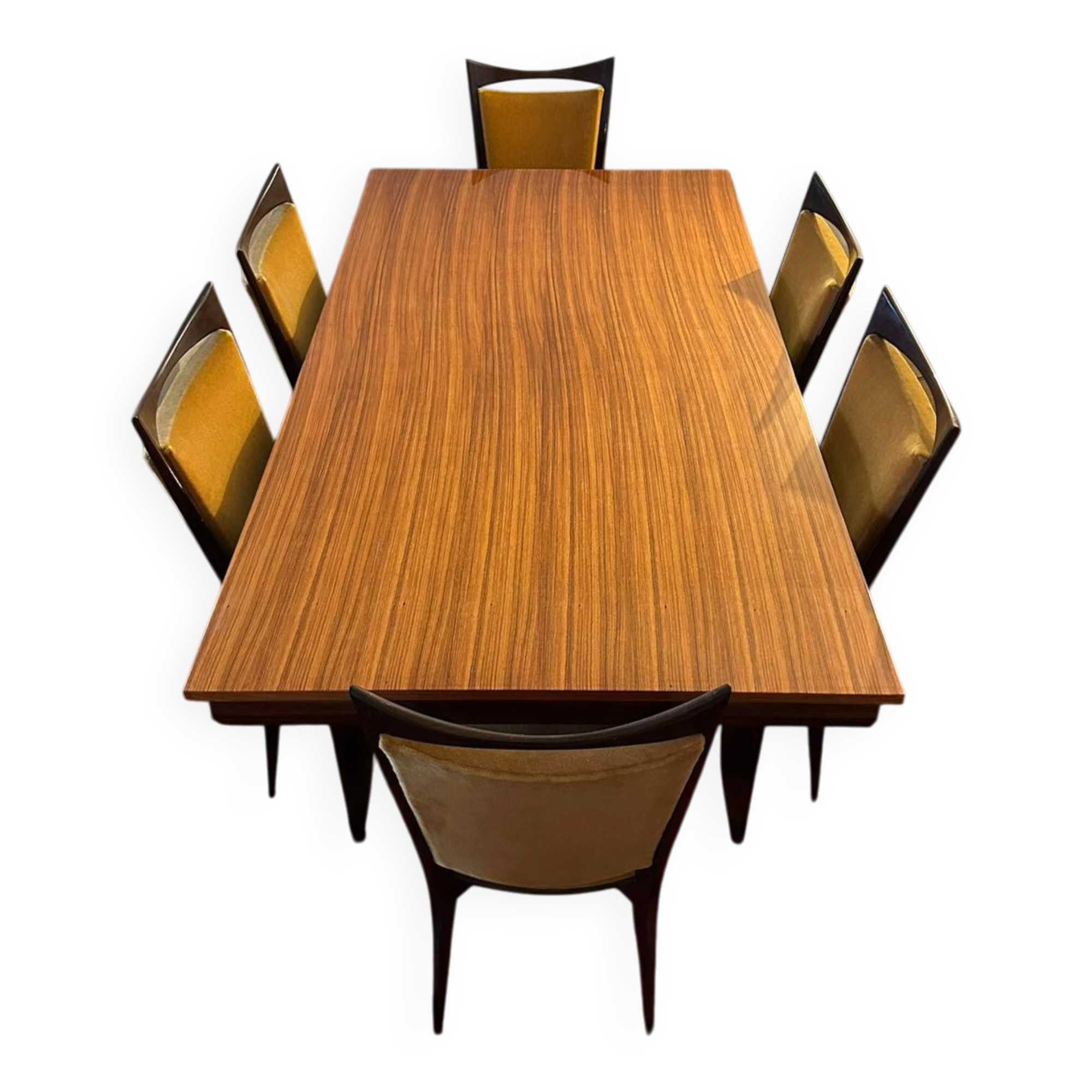 Table en bois marqueté + 6 chaises velour et bois