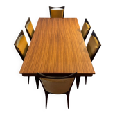 Table en bois marqueté + 6 chaises velour et bois