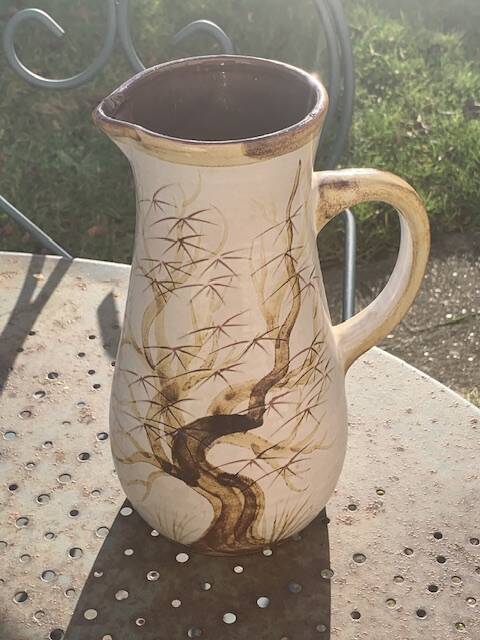 Vase, enameled ceramic jug, chiseled tree motif, west germany vintage 1970, numbered 3047