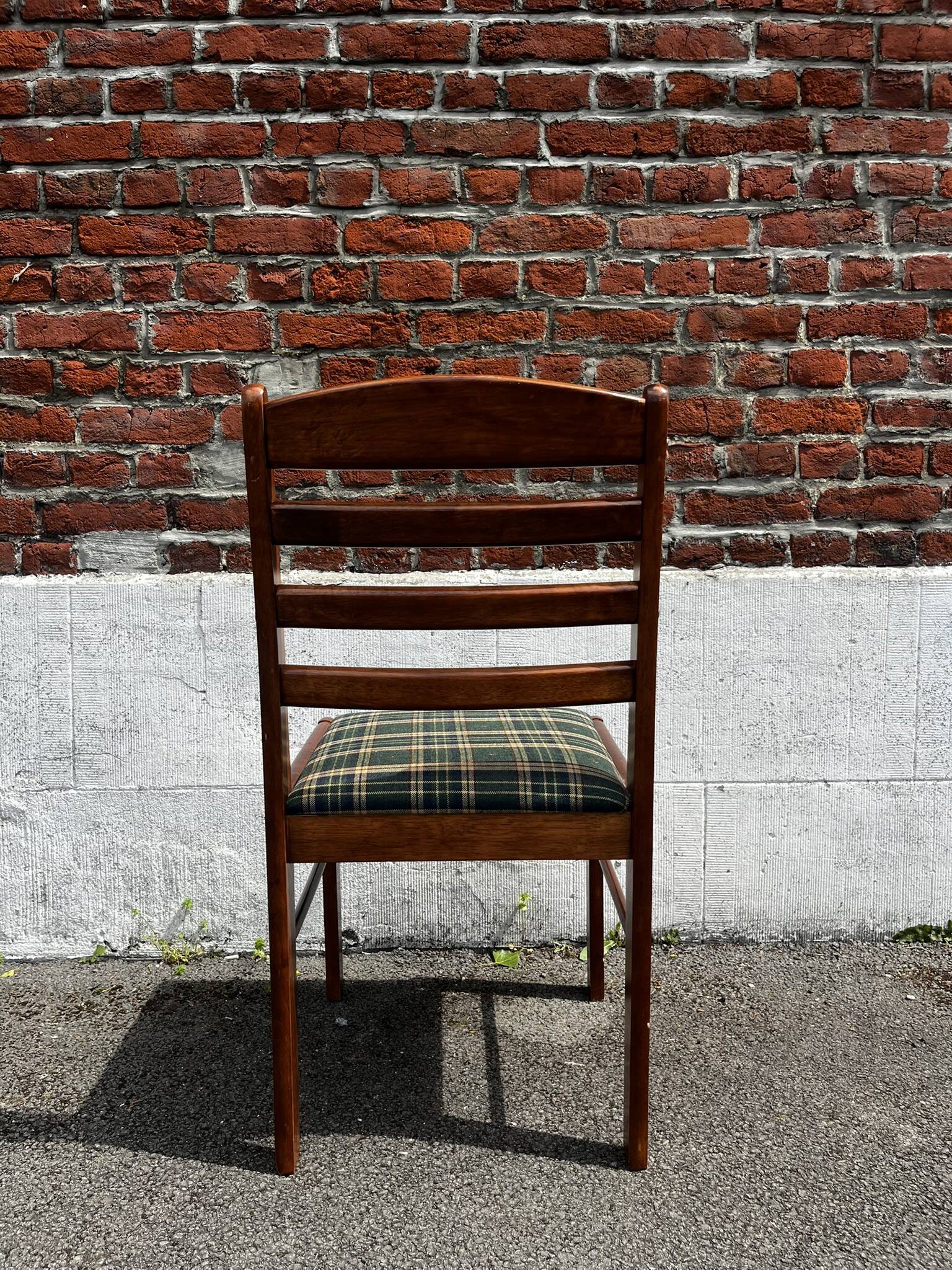 Lot of 3 vintage checkered wood and fabric chairs.