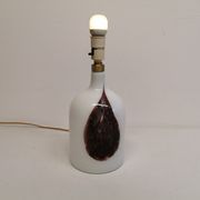 Older table lamp in milky white opaline glass with purple pattern / details from danish holmegaard.