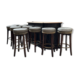 Suite de 10 tabourets de bar en cuir et velours