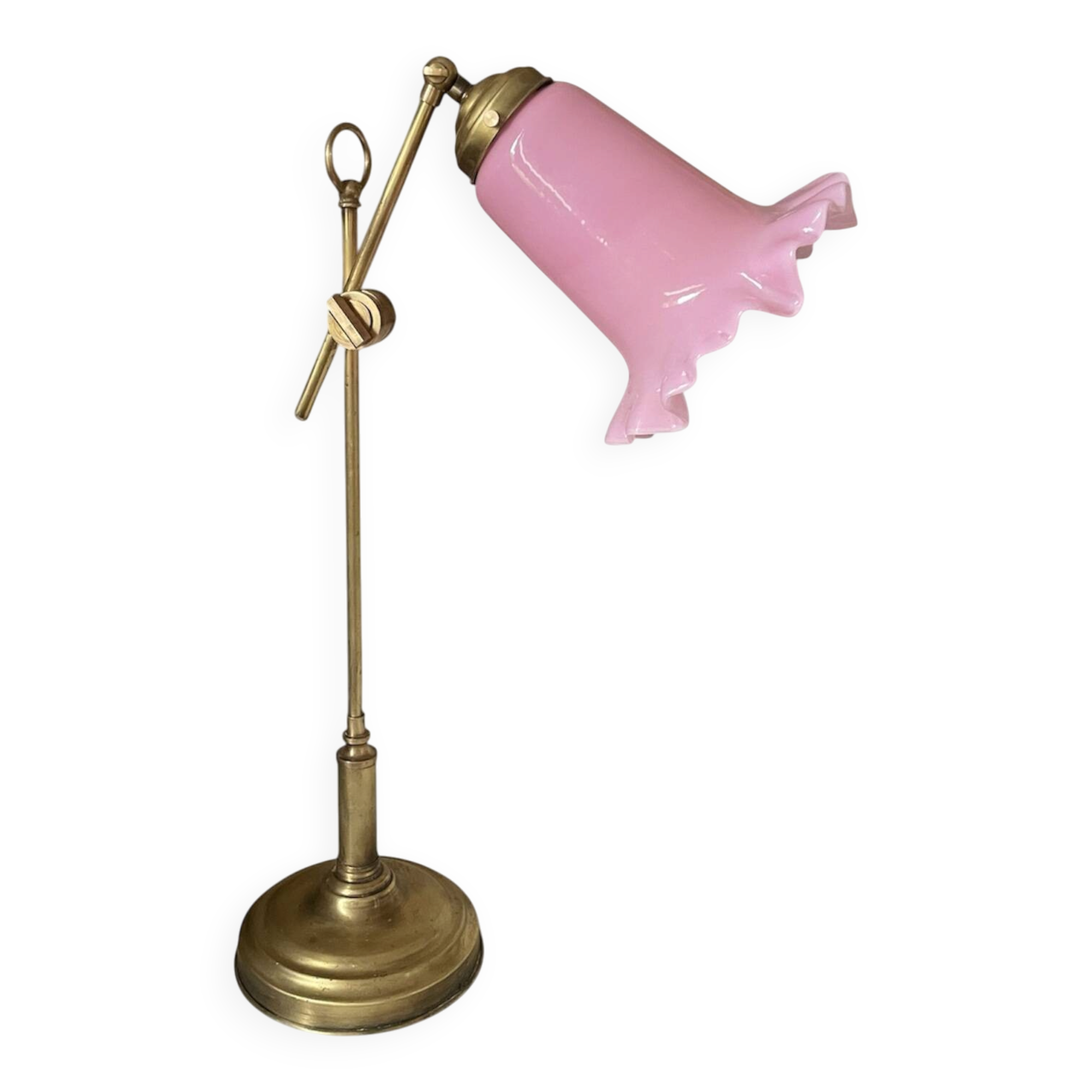 Grande lampe vintage en laiton et tulipe en opaline rose