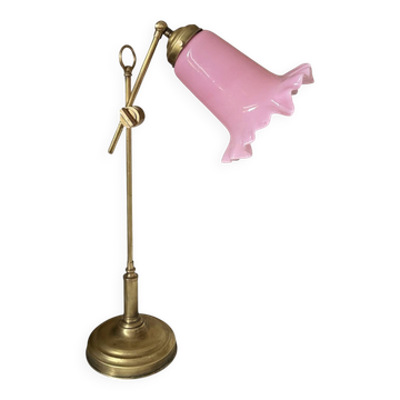 Large vintage lamp in brass with a pink opaline shade.