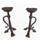 Pair of tripod candlesticks in wrought iron, neo-Gothic style, French work.