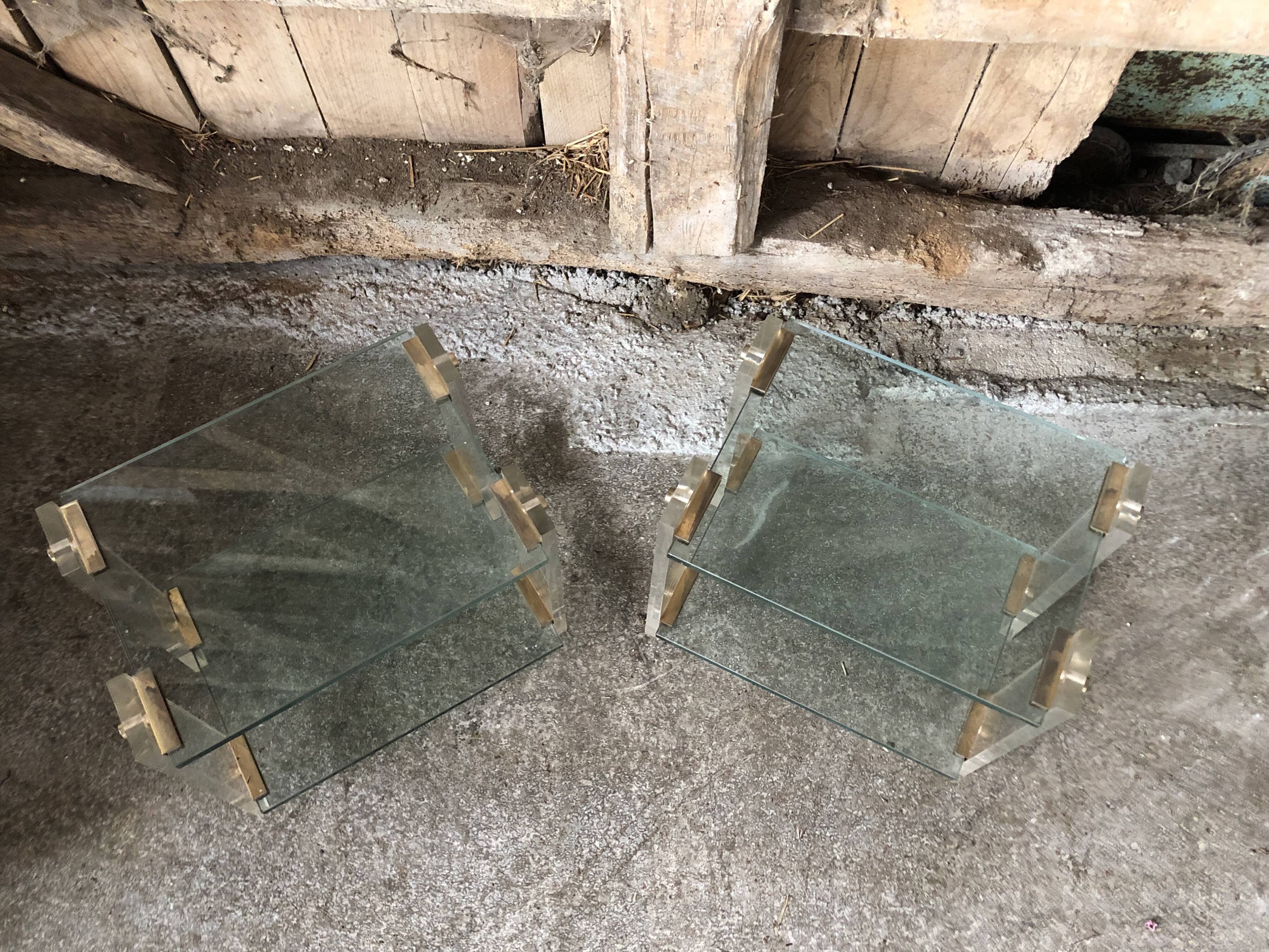 Pair bedside design plexi + brass + vintage glass trays