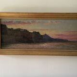 Marius Reynaud (1860 - 1935) "Algerian coastline at sunset" oil on wood