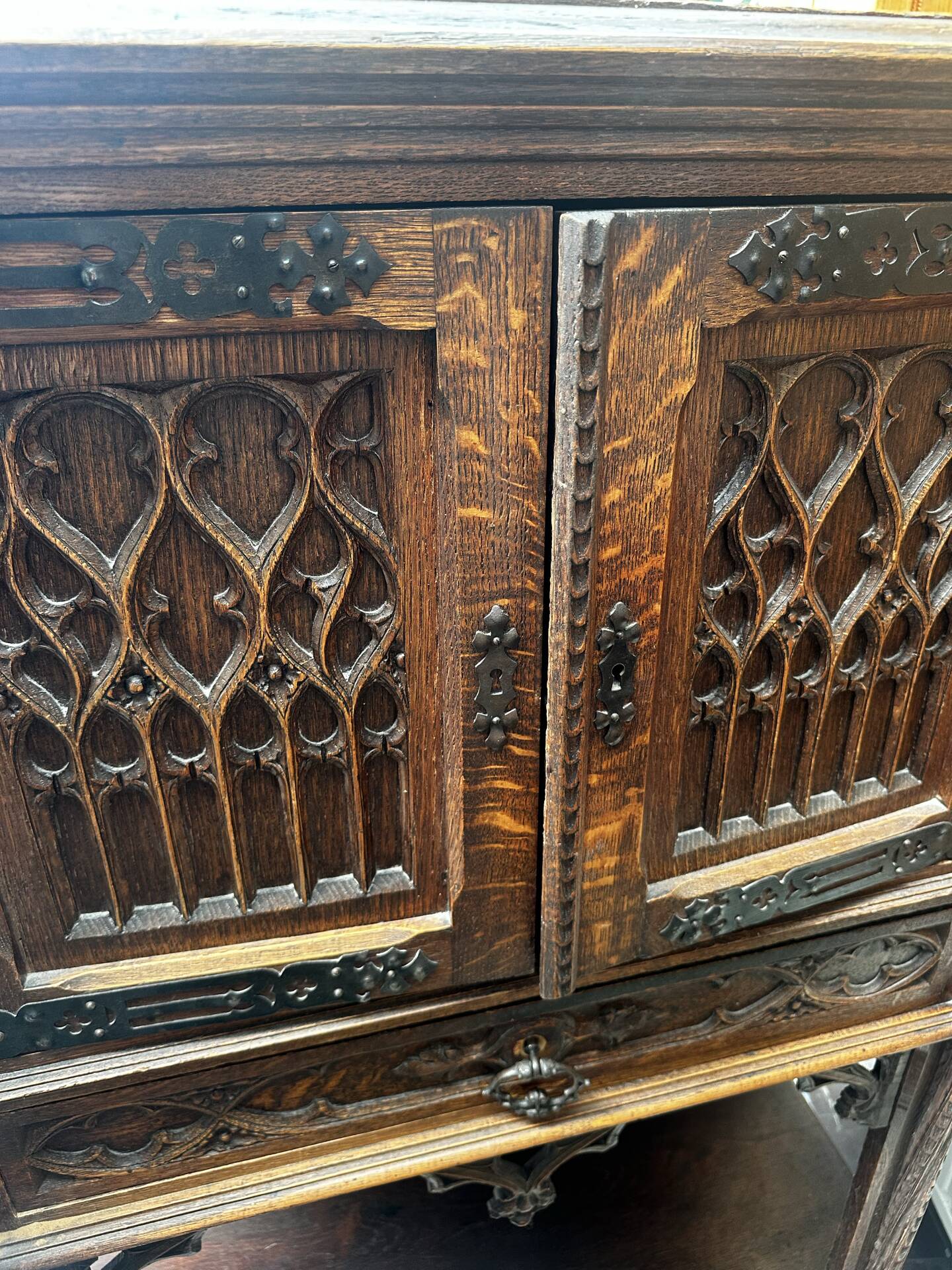 Gothic Buffet Cabinet in Carved Oak, 19th Century