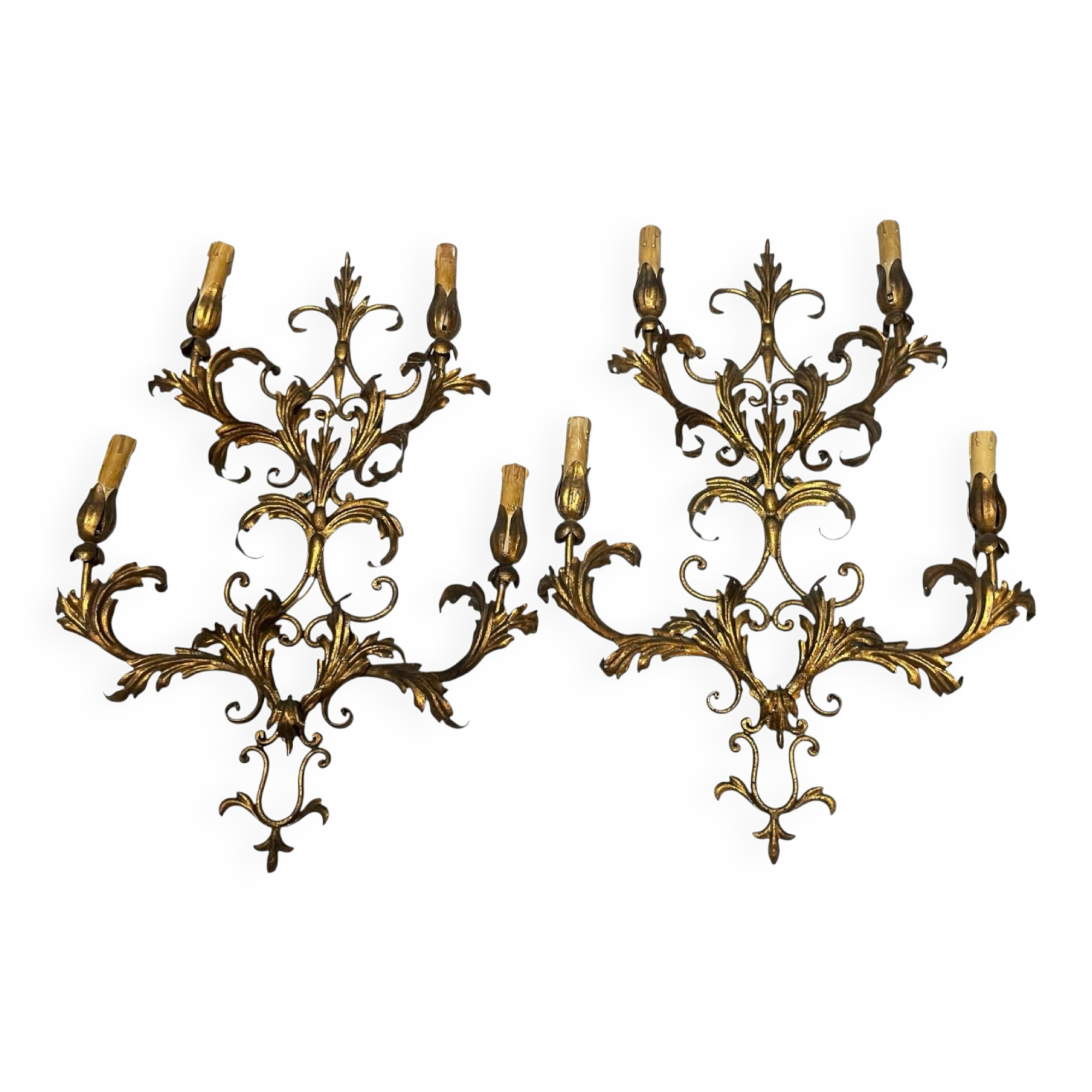 Large Italian Tole Gold Gilded Sconces Set of 2  1960’s 