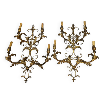 Large Italian Tole Gold Gilded Sconces Set of 2  1960’s 