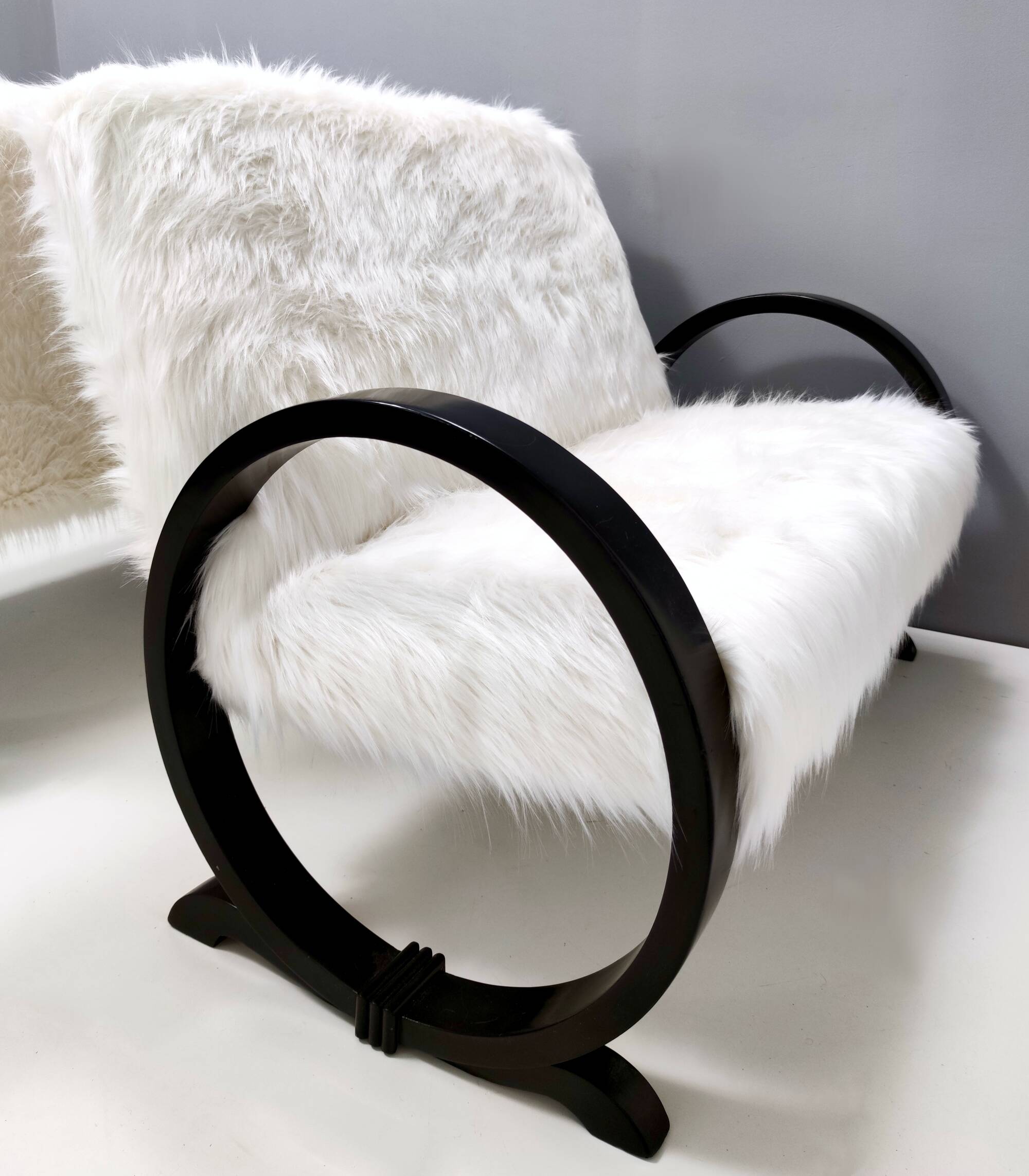 Vintage White Faux Fur Sofa with Black Wooden Frame, Italy
