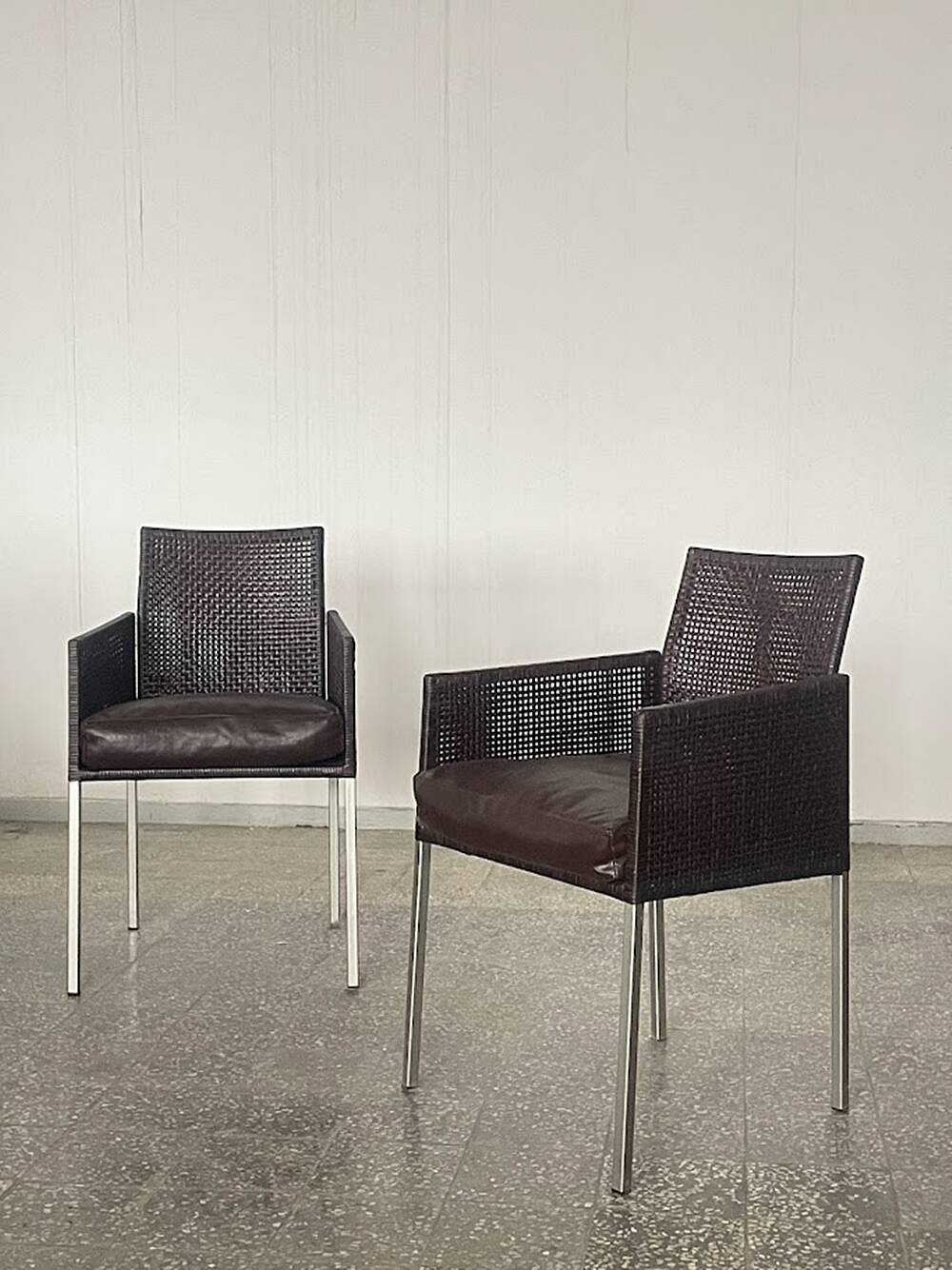 Pair of Karl-Friedrich Förster Leather and Rattan Chairs Germany 1990s