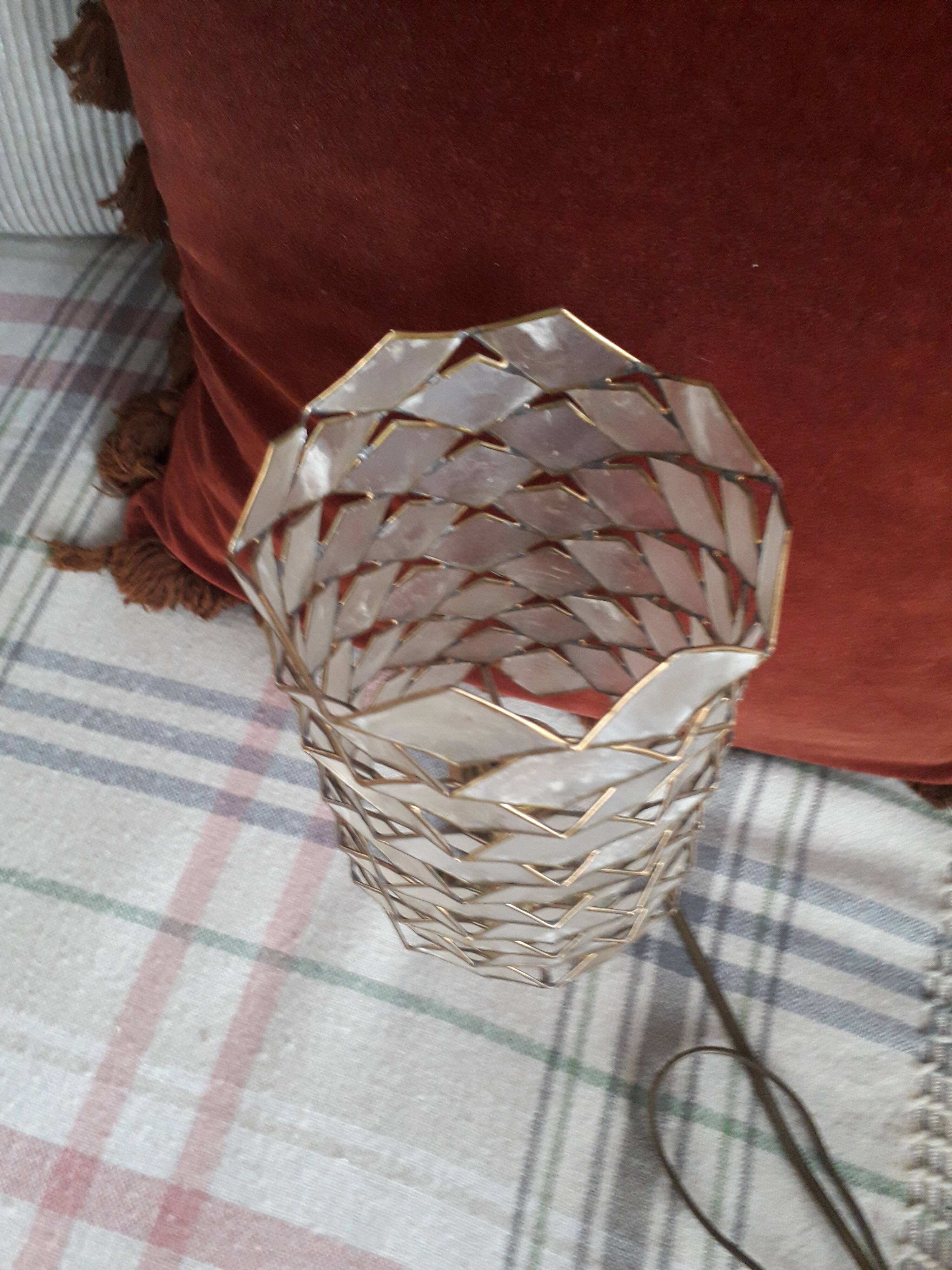 Very original vintage metal lamp with its mother-of-pearl lampshade