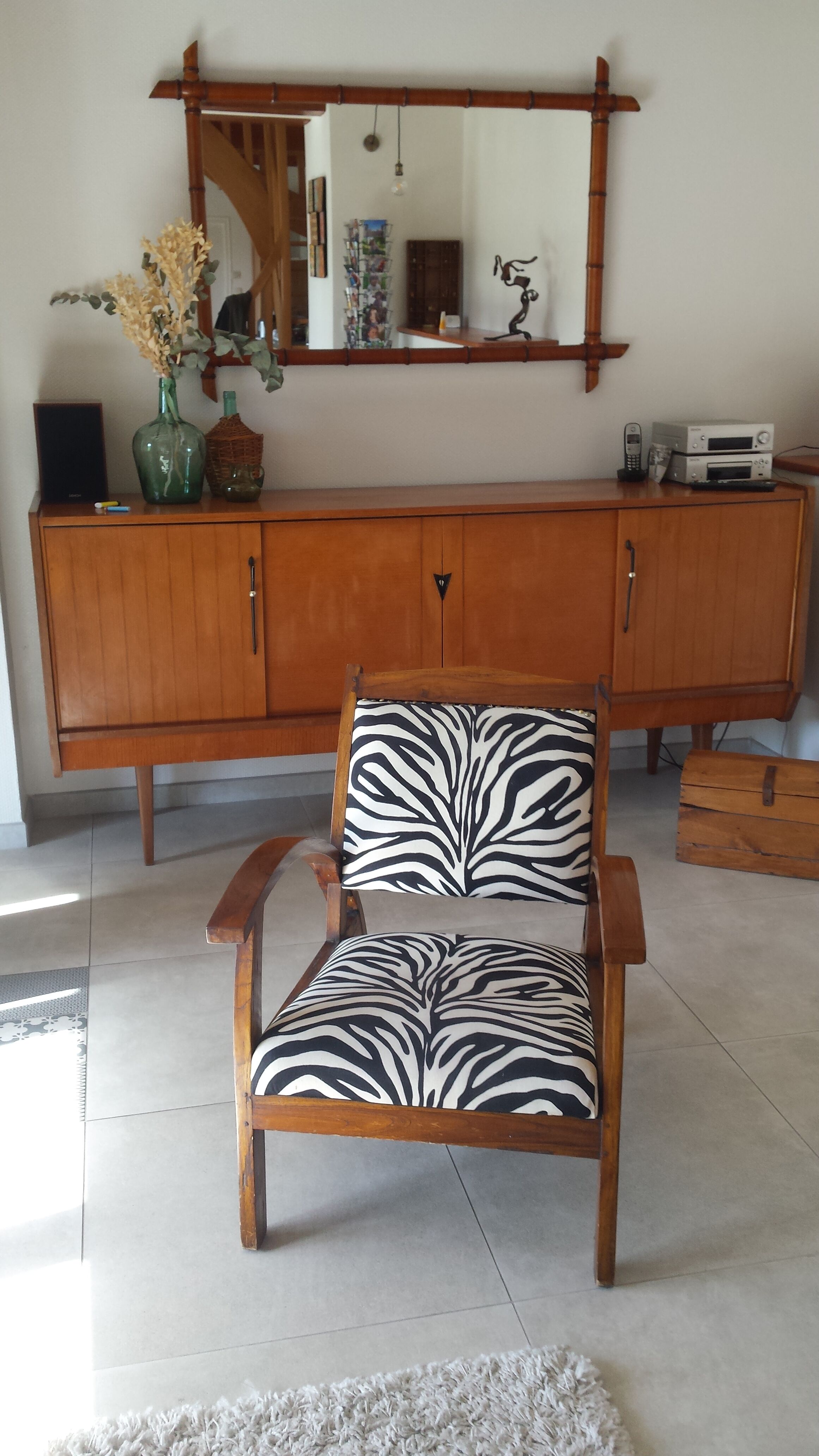 Scandinavian style wood armchair, black and white fabric