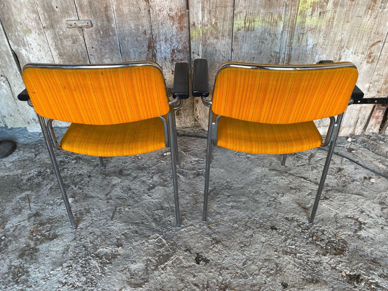 Pair of Vintage 1970s Chrome Metal Armchairs with Orange Fabric and Wood
