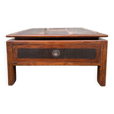 Table basse en bois massif et rotin de style colonial, années 70