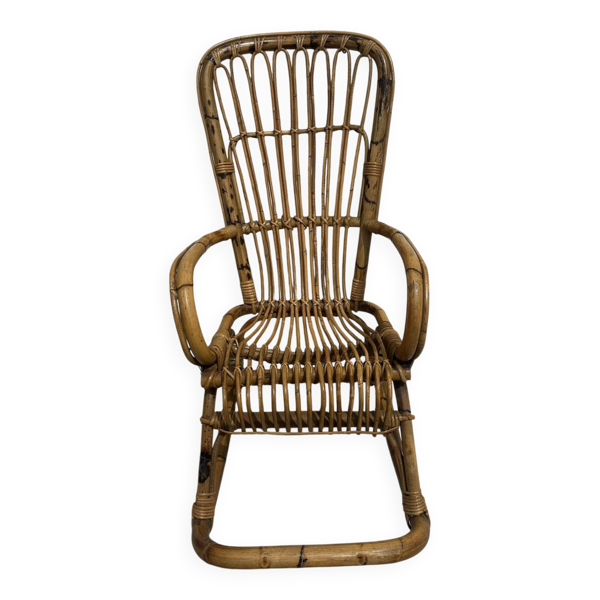 Fauteuil à bascule vintage en rotin – années 60/70
