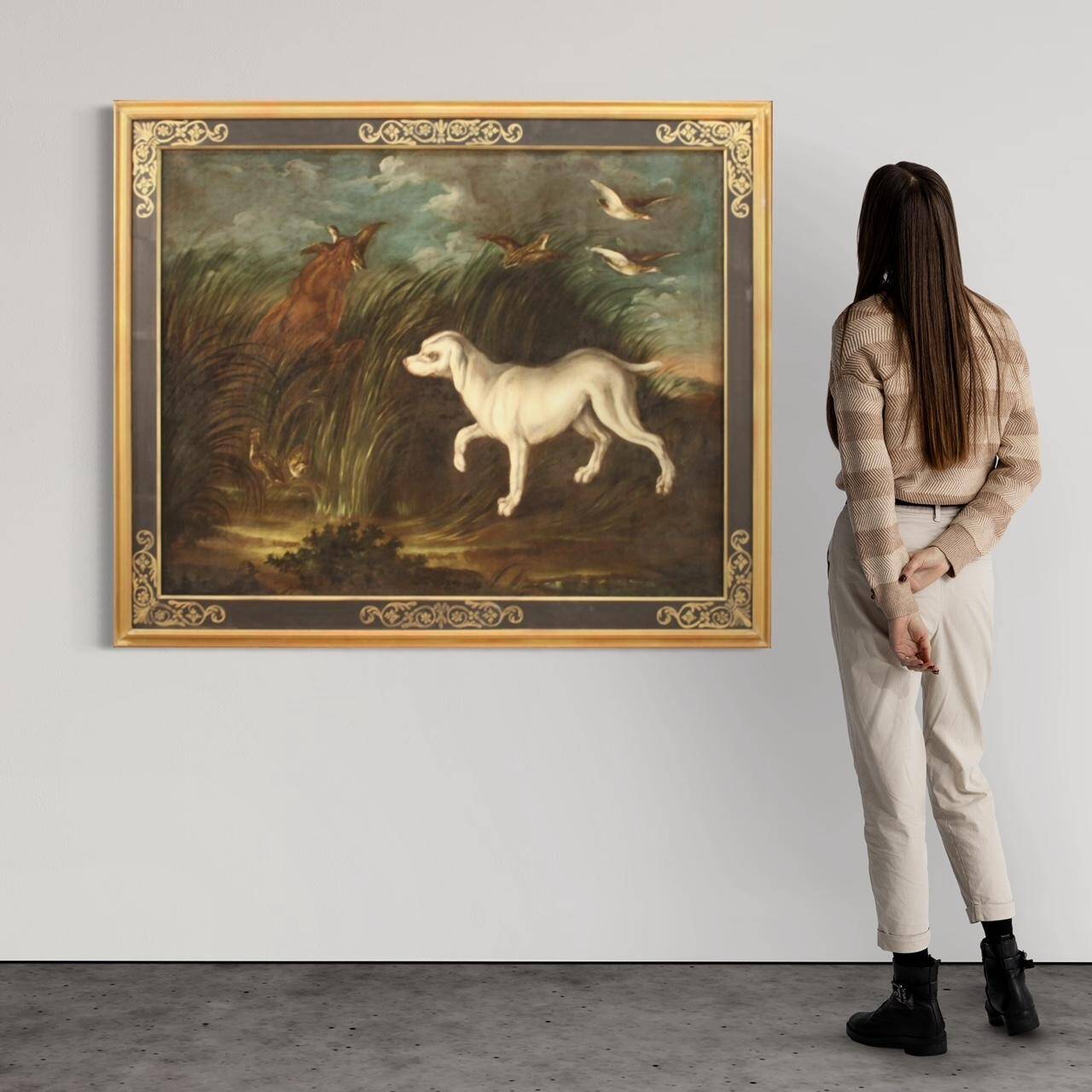 Peinture antique française paysage avec chien