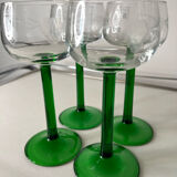 Set of 4 antique Alsace wine glasses, green stem and engraved decoration
