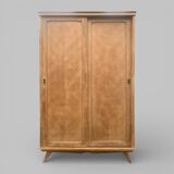 Vintage wardrobe with compass legs in raw wood, sliding doors, 1960s
