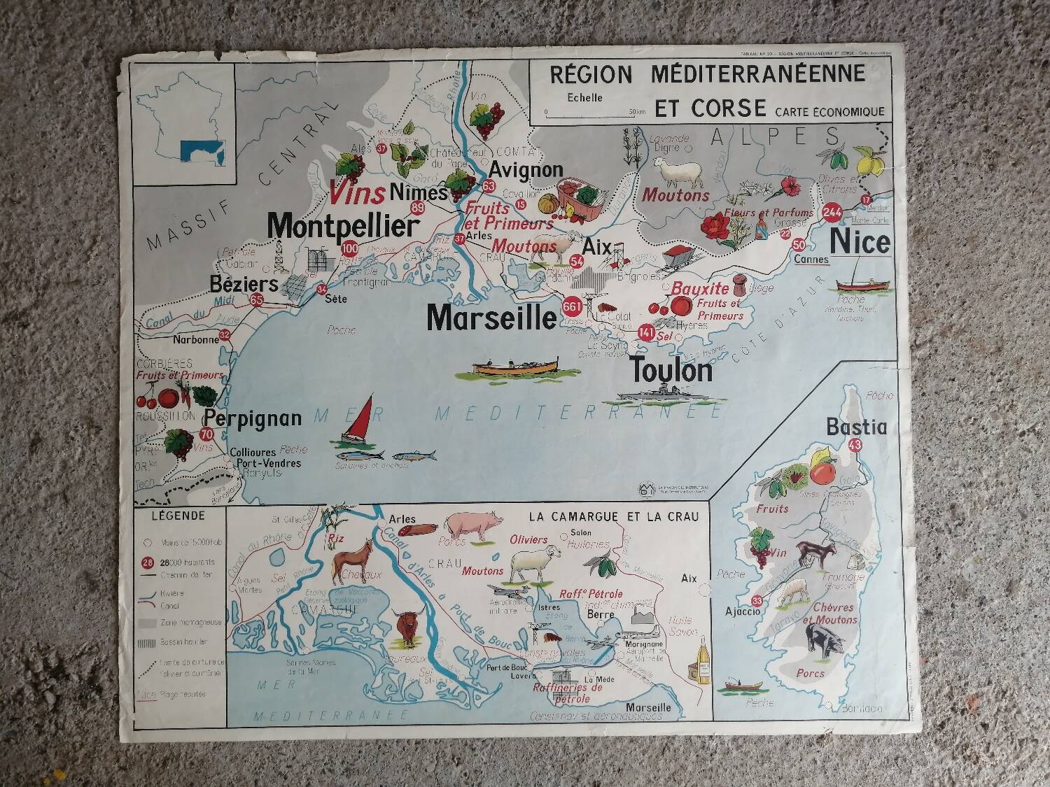 Vintage school map mdi FRANCE Corsica Massif Central