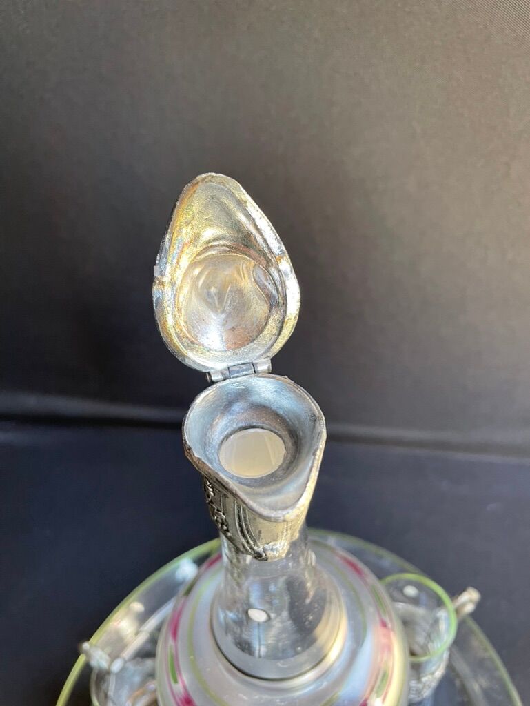 Liquor service Art Nouveau 1/2 Enamelled colored crystal with silver metal frame