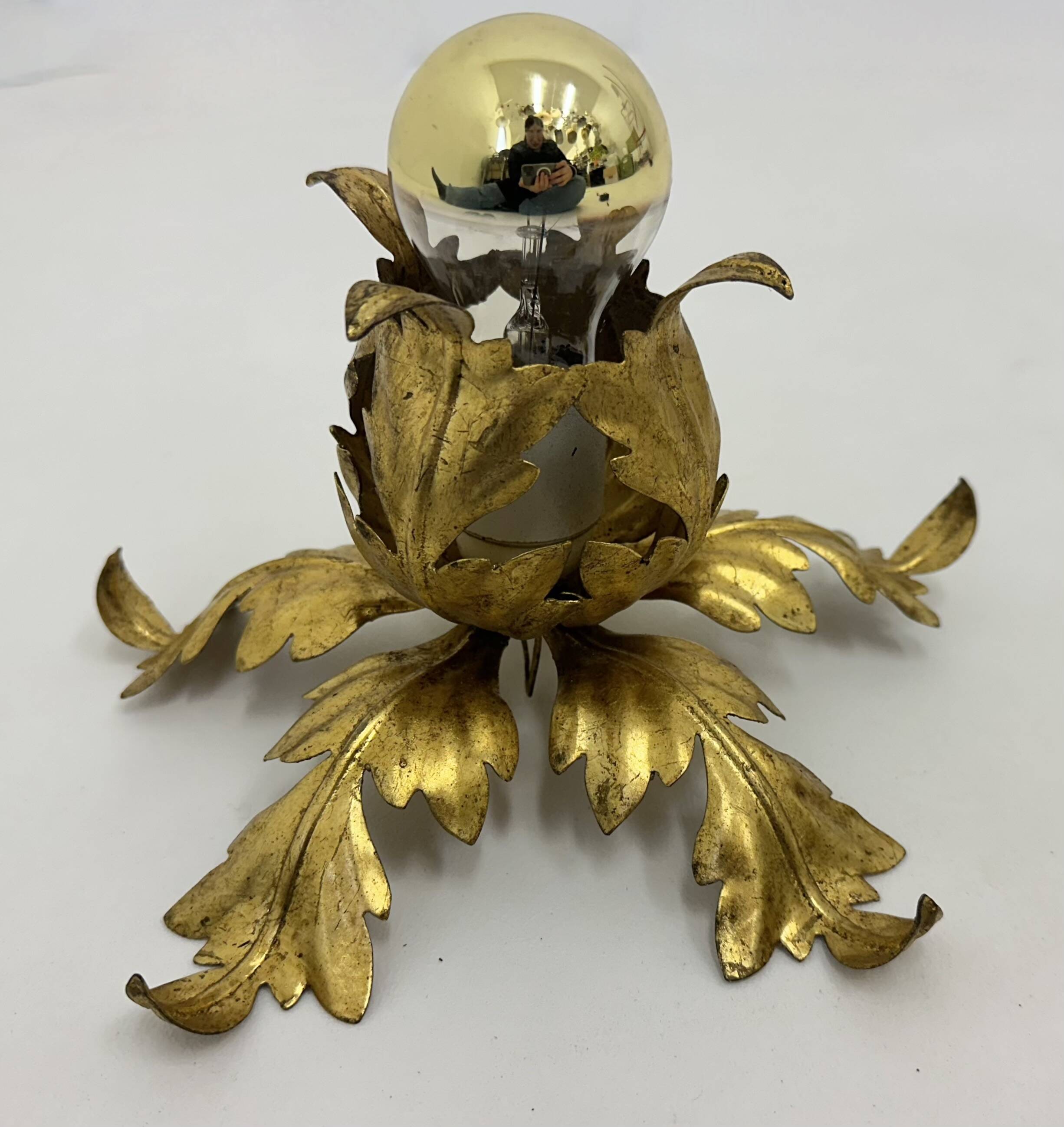 Hollywood regency gold leaf flower light , 1970s