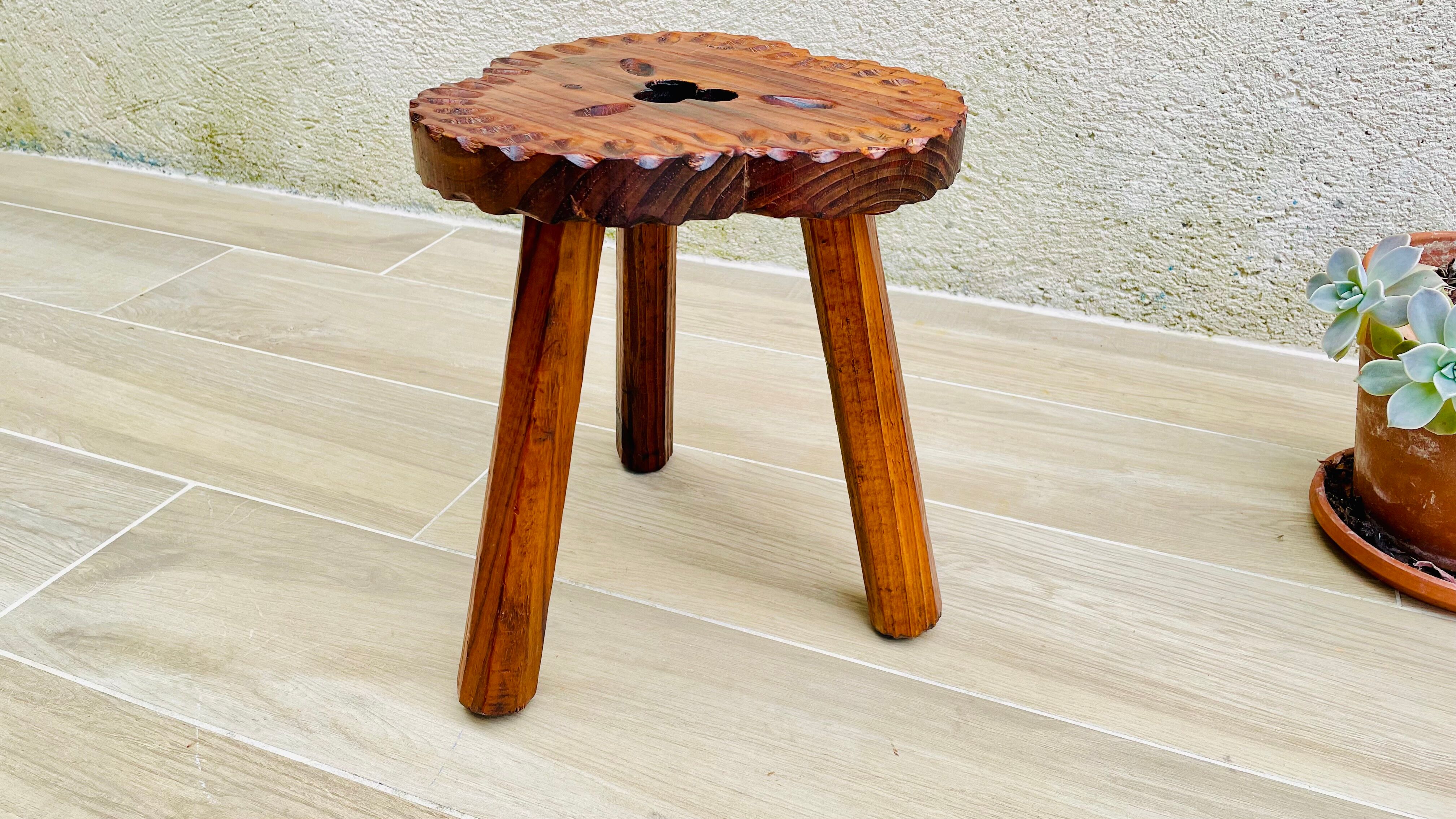 Vintage tripod wood stool made in Spain