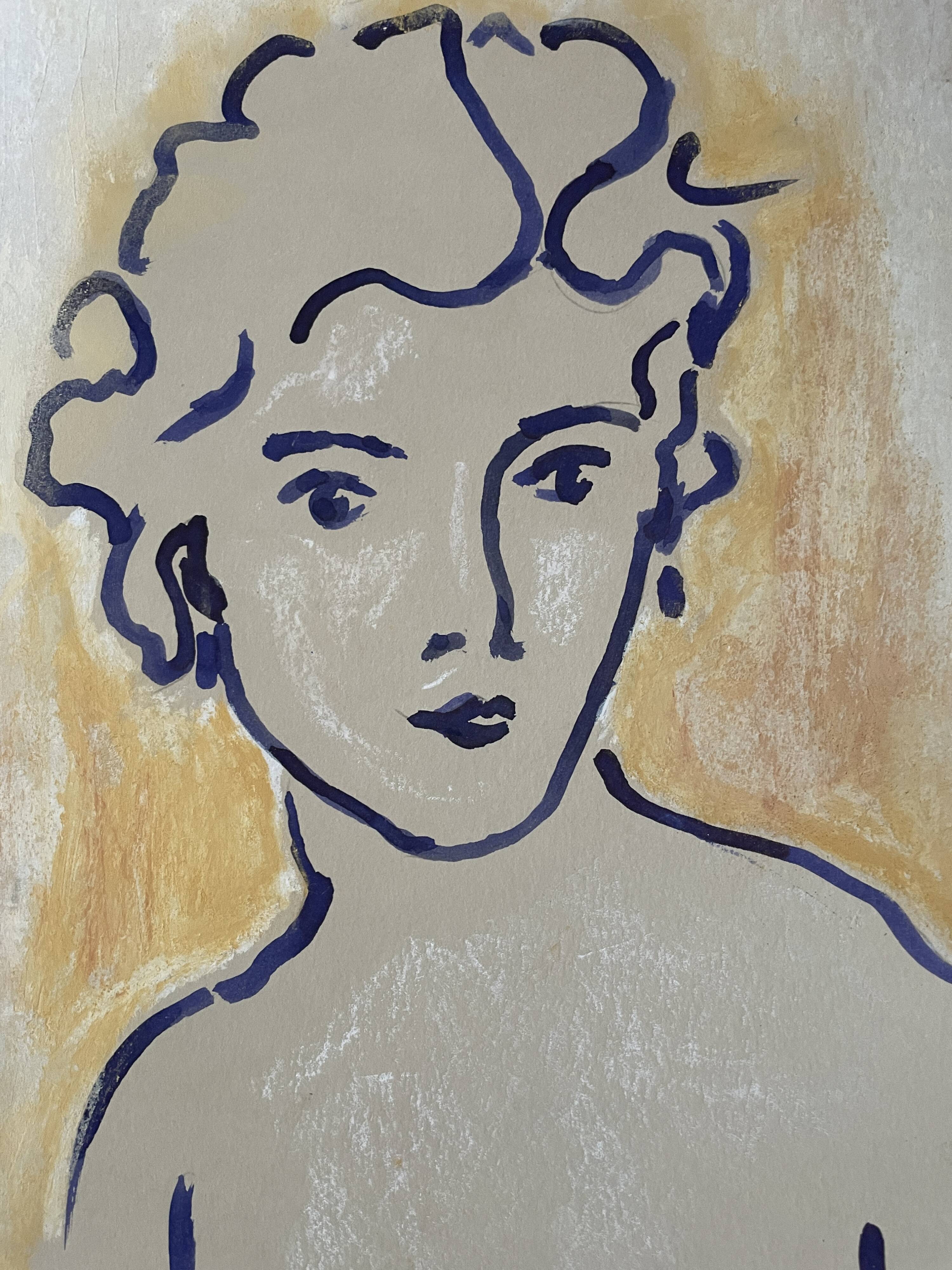 Painting signed Chinese ink and pastel female portrait “study”