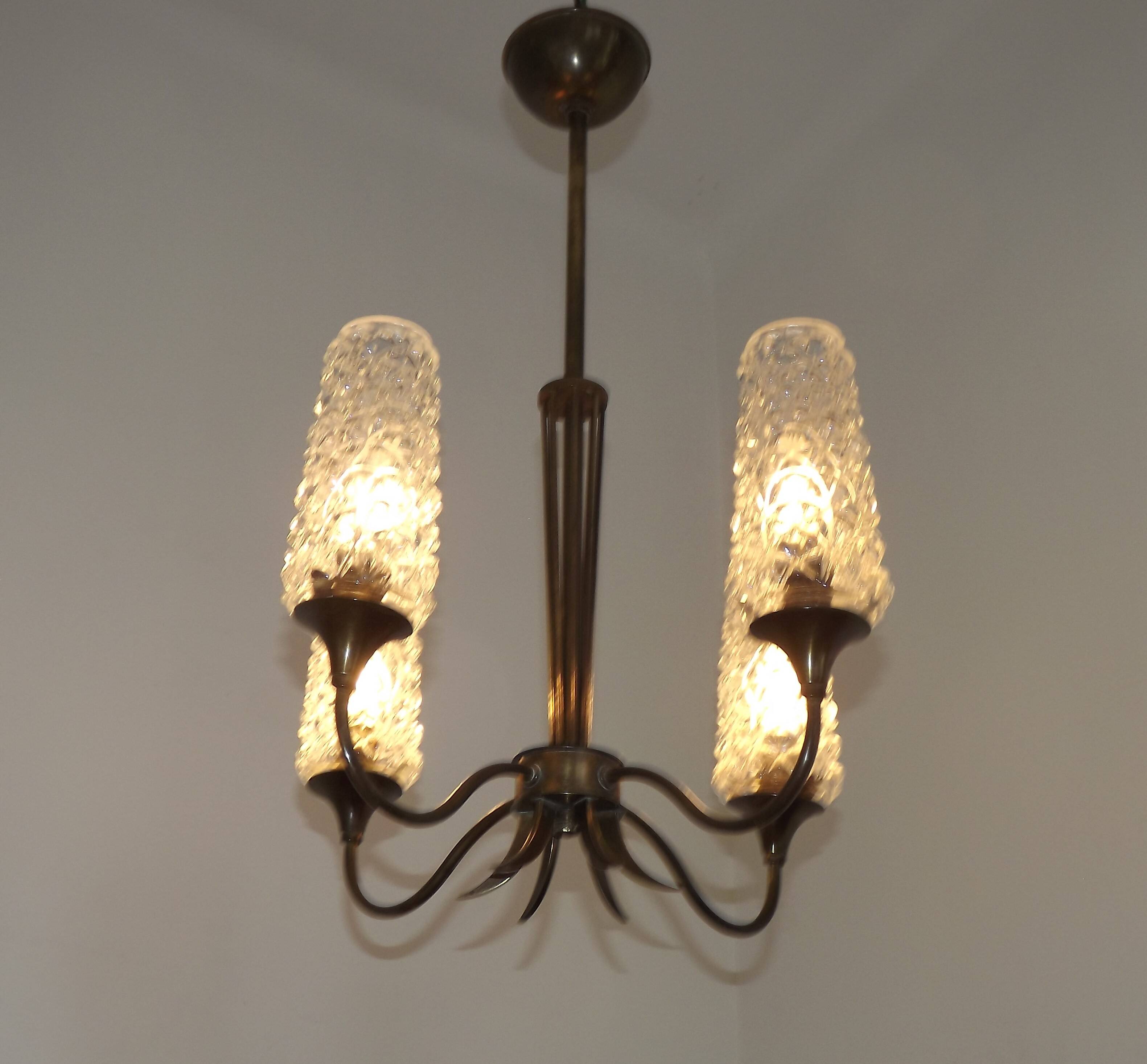 French vintage retro chandelier with 4 lights in brass and bronze with cut glass shades.