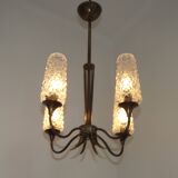 French vintage retro chandelier with 4 lights in brass and bronze with cut glass shades.