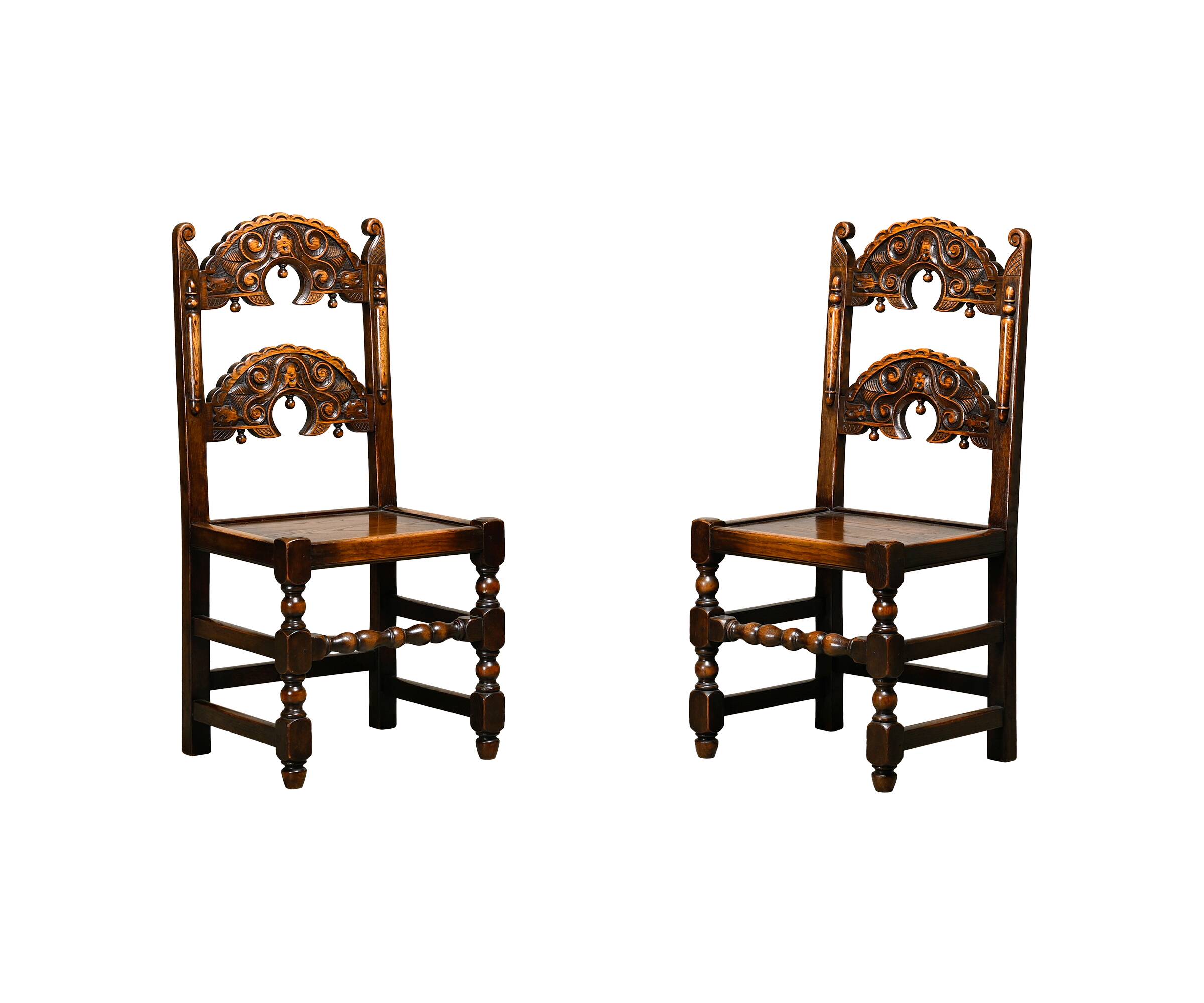 Pair Antique Yorkshire Back Stools / Side Chairs solid Oak, England 18th Ce