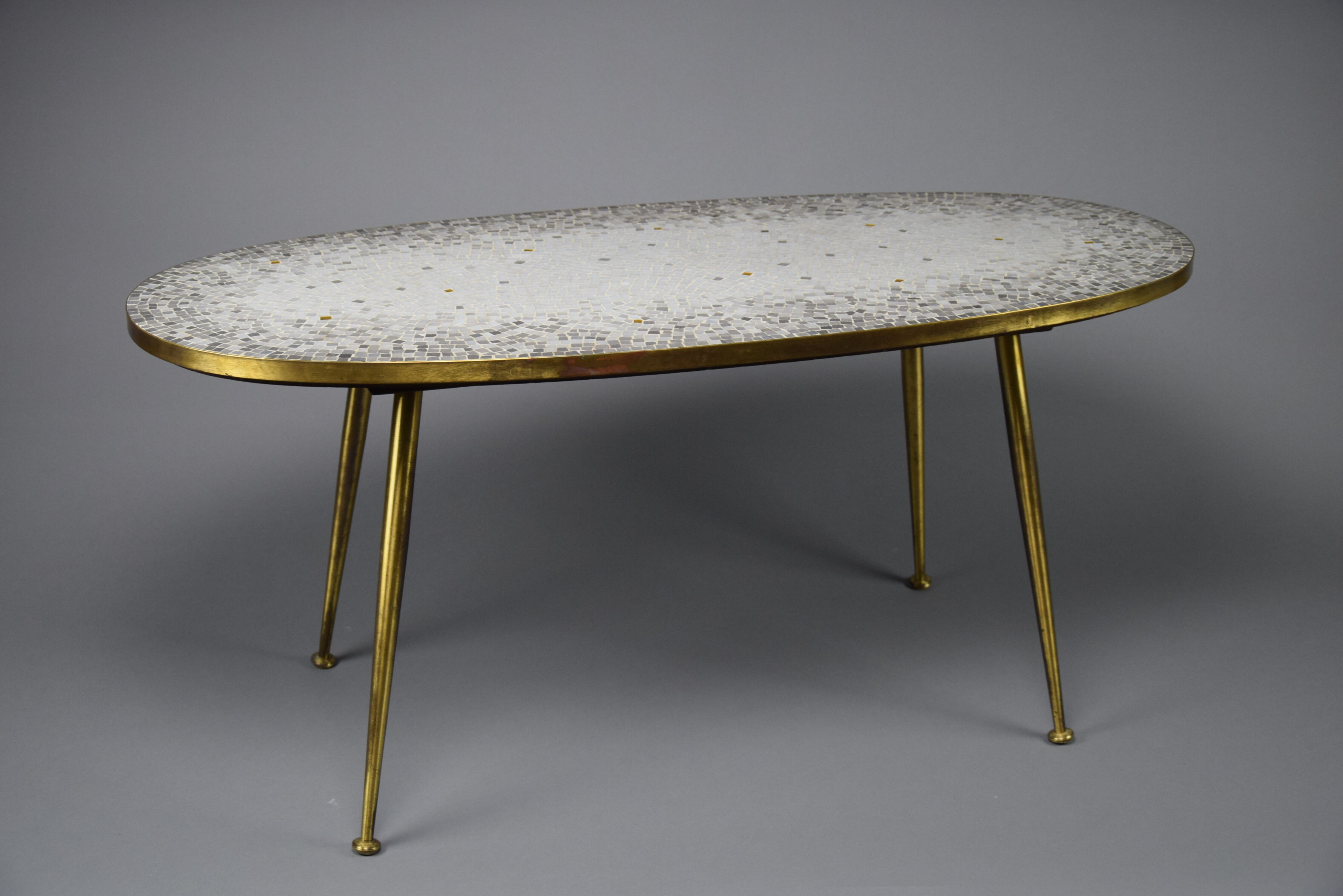 Brass Mid century Oval Coffee Table with Grey Glass Mosaic and Gold Highlights